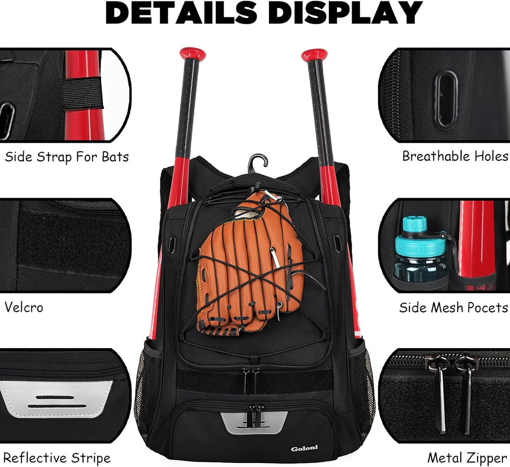 Youth Baseball Bag,Softball Bag with Shoes Compartment,Baseball Backpack with Fence Hook for Tball Bat & Equipment