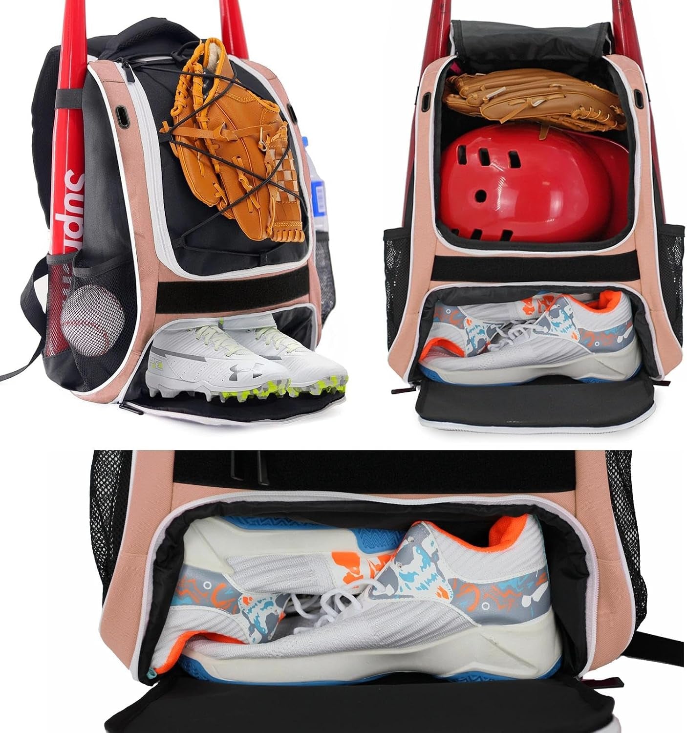 Youth Baseball Backpack Softball Tball Bag with Shoes Compartment | Baseball Equipment Bag for Youth & Adults with Fence Hook,Tee Ball Bat &Helmet Holder