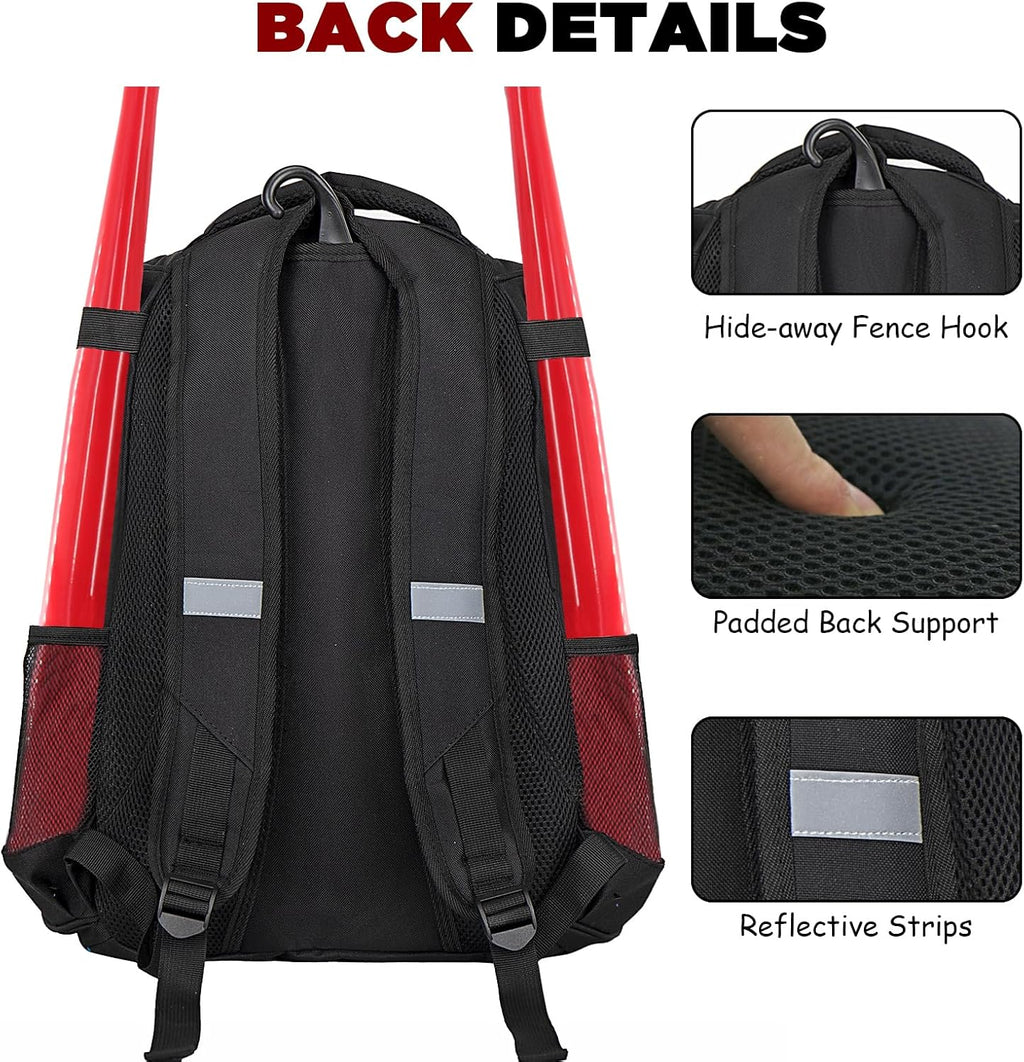 Youth Baseball Bag,Softball Bag with Shoes Compartment,Baseball Backpack with Fence Hook for Tball Bat & Equipment
