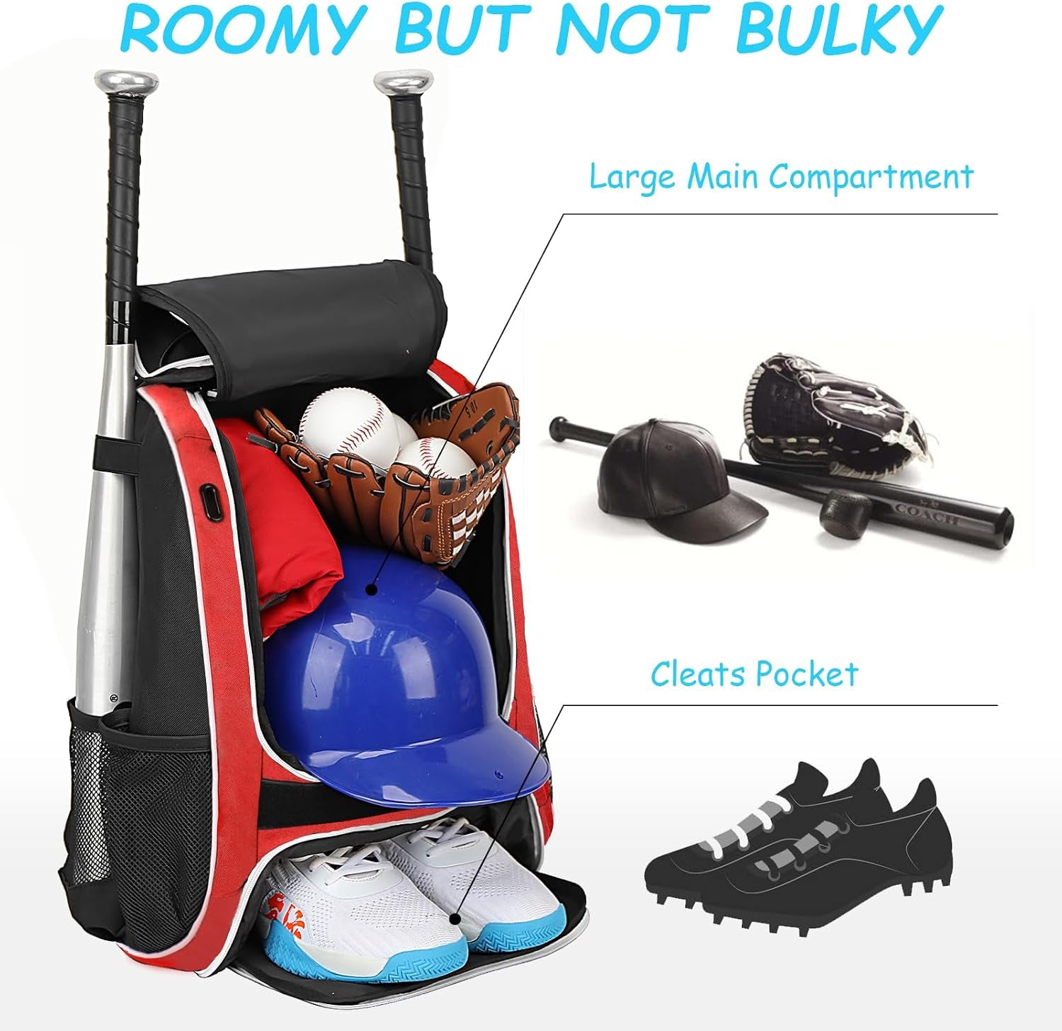 Youth Baseball Bag - Bat Backpack for Softball and T-Ball Gear with Separate Shoe Compartment, Adult Softball Bag for Baseball Glove Helmet and Accessories with Large Compartment Fence Hooks