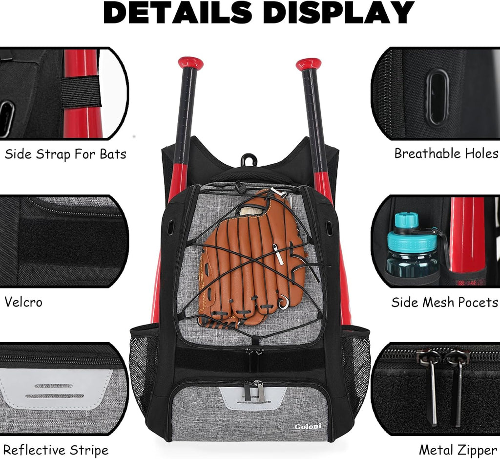Youth Baseball Bag,Softball Bag with Shoes Compartment,Baseball Backpack with Fence Hook for Tball Bat & Equipment