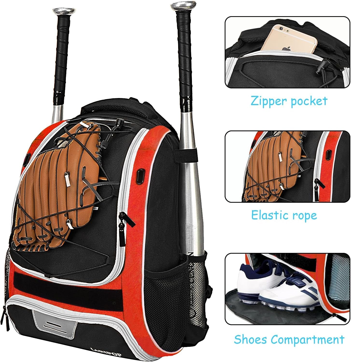 Youth Baseball Bag - Bat Backpack for Softball and T-Ball Gear with Separate Shoe Compartment, Adult Softball Bag for Baseball Glove Helmet and Accessories with Large Compartment Fence Hooks