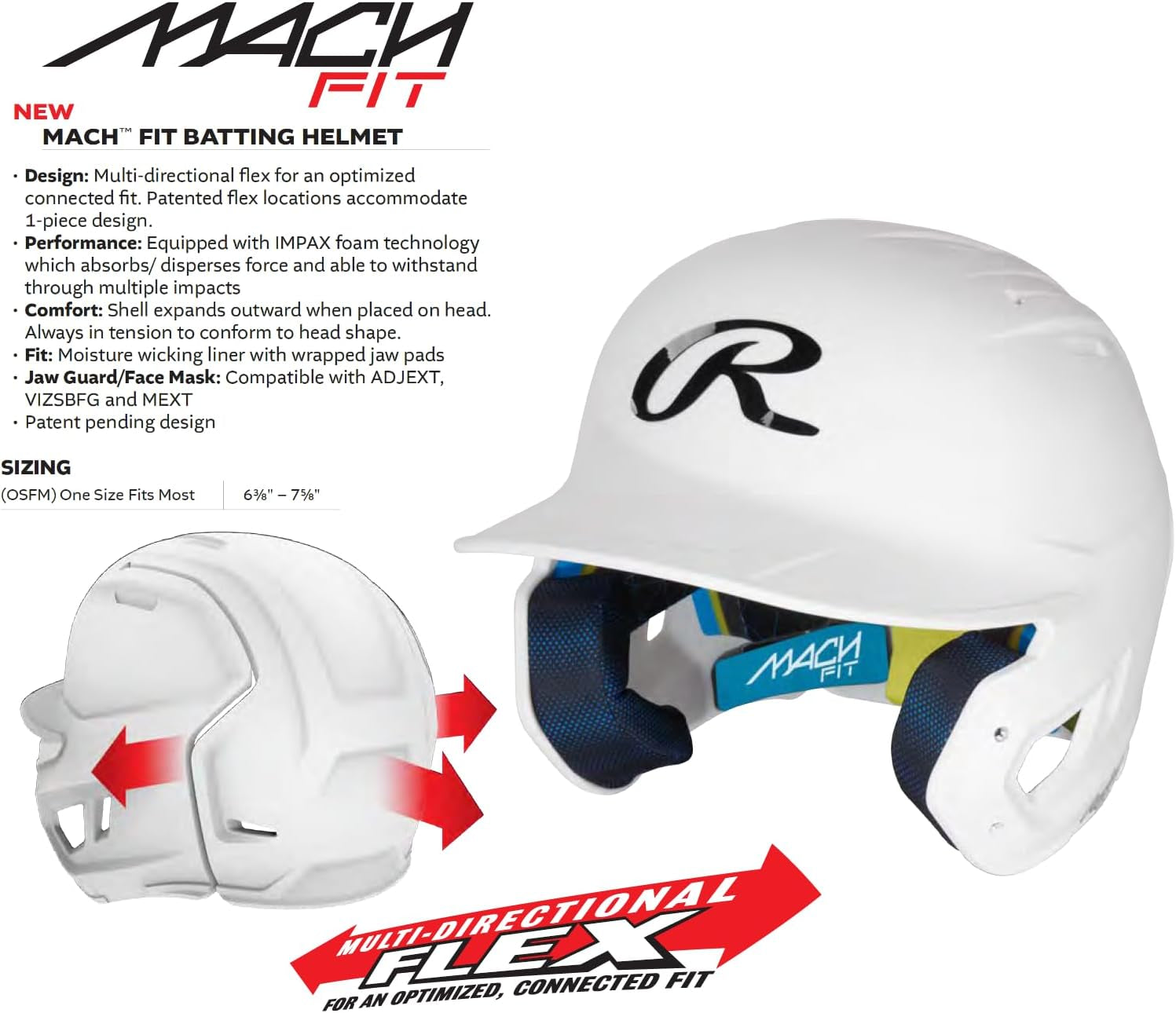 | MACH FIT Baseball Batting Helmet | Multi-Directional Flex | Fits 6 3/8" - 7 5/8" | Multiple Colors