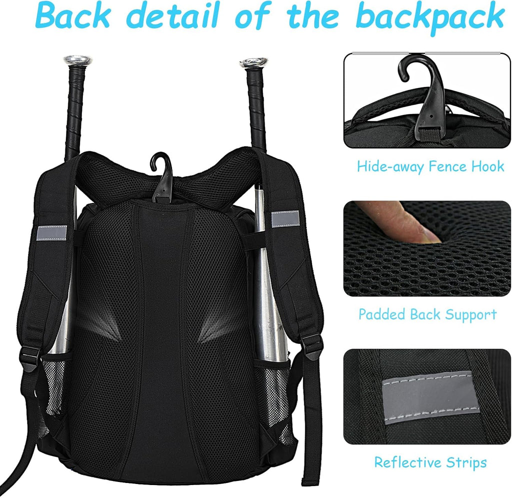 Youth Baseball Bag - Bat Backpack for Softball and T-Ball Gear with Separate Shoe Compartment, Adult Softball Bag for Baseball Glove Helmet and Accessories with Large Compartment Fence Hooks