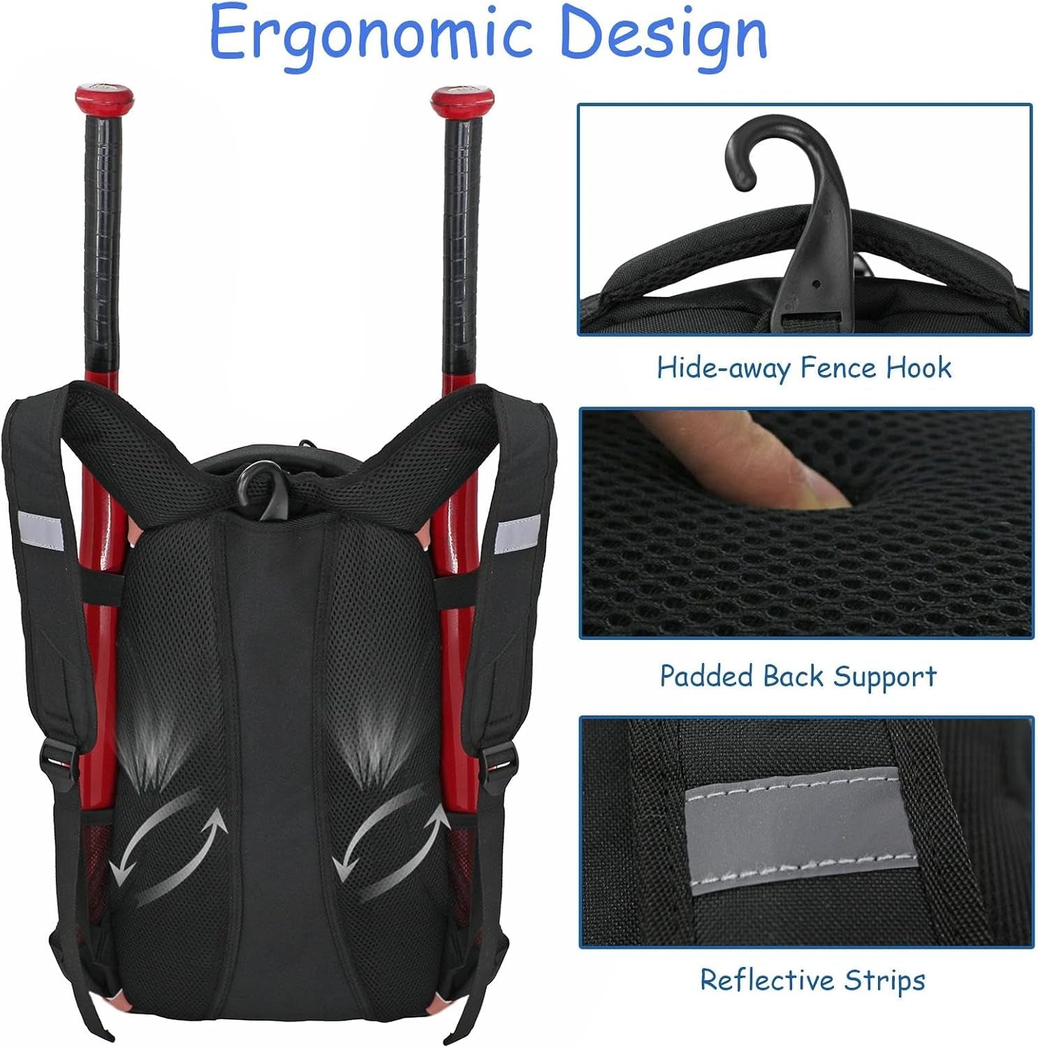 Youth Baseball Backpack Softball Tball Bag with Shoes Compartment | Baseball Equipment Bag for Youth & Adults with Fence Hook,Tee Ball Bat &Helmet Holder