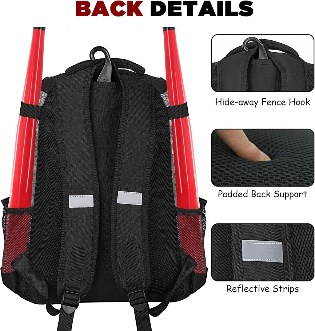 Youth Baseball Bag,Softball Bag with Shoes Compartment,Baseball Backpack with Fence Hook for Tball Bat & Equipment