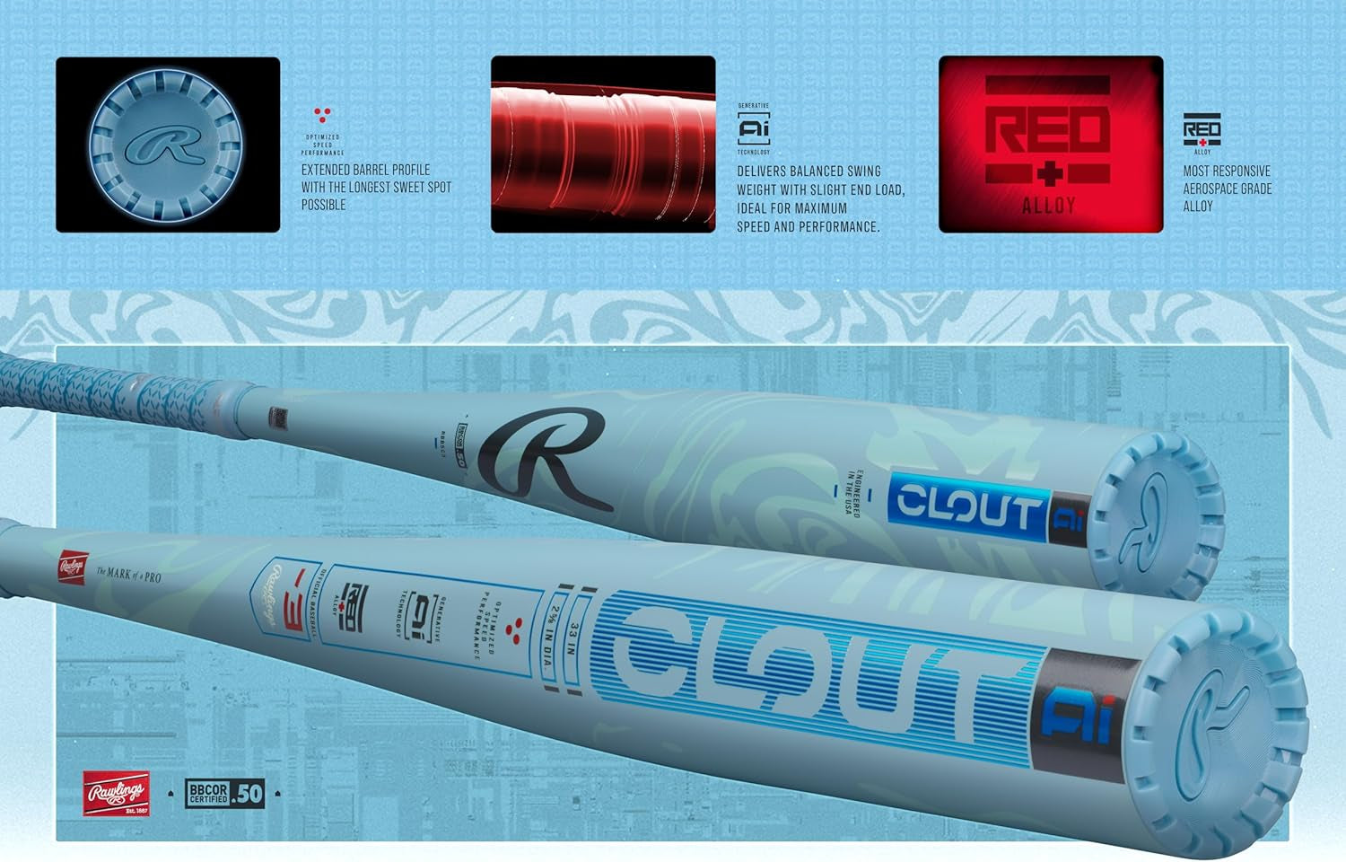| 2025 | Clout AI Baseball Bat | BBCOR | -3 Drop | 2 5/8" Barrel | 1 Pc. Alloy