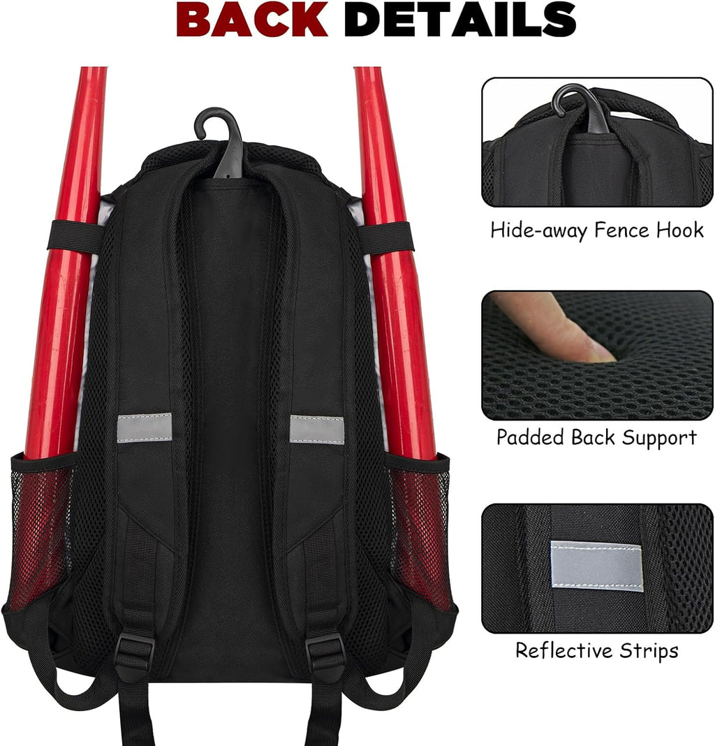 Youth Baseball Bag,Softball Bag with Shoes Compartment,Baseball Backpack with Fence Hook for Tball Bat & Equipment