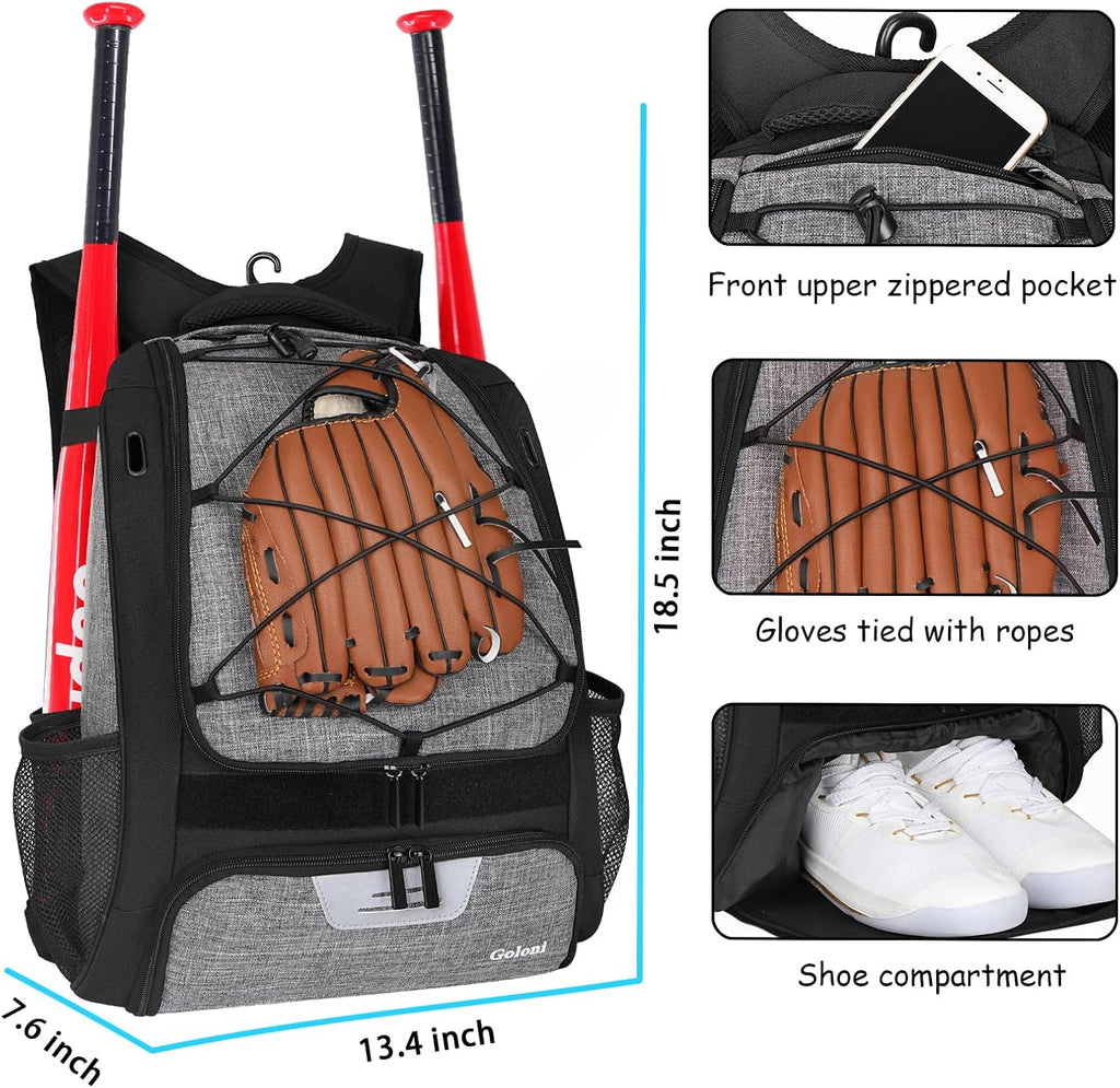 Youth Baseball Bag,Softball Bag with Shoes Compartment,Baseball Backpack with Fence Hook for Tball Bat & Equipment